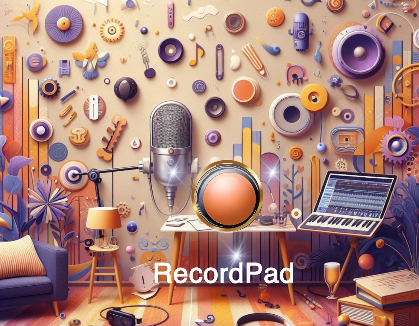 صورة غرفة بها كمبيوتر وميكرفون يتوسطها ايقونة برنامج RecordPad