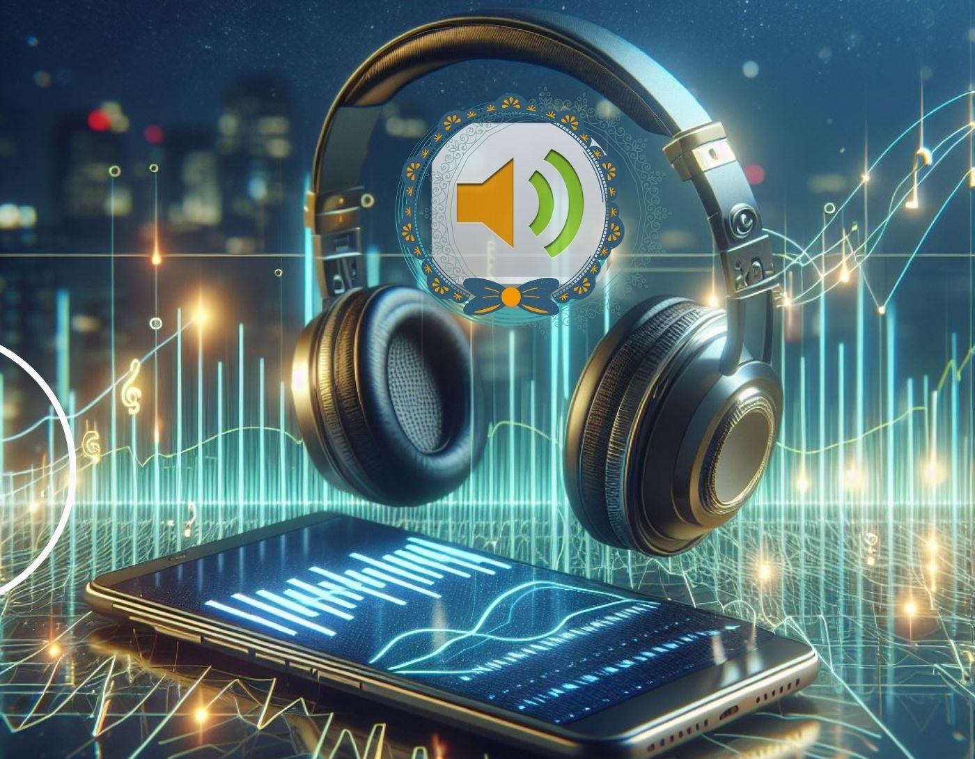 صورة لسماعة رأس مع هاتف اندرويد وموجات صوت ومؤشر يرتفع مع علامة برنامج Volume Booster